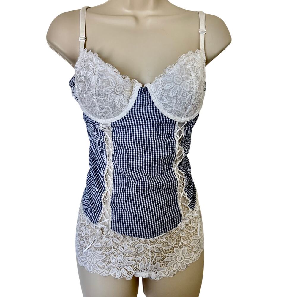 Fredericks of Hollywood Underwire Gingham Check Seersucker Lace Boy Short Teddy
